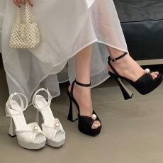 珍珠装饰 法式女士礼物防水台粗高跟超高跟婚鞋露趾凉鞋