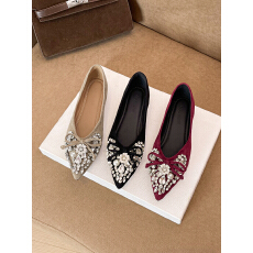 批发2025秋季新款尖头浅口平底水钻蝴蝶结绒面单鞋女平跟软底大码女鞋