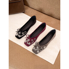 2025秋冬新款方头浅口平底水钻蝴蝶结绒面单鞋女平跟软底大码鞋女