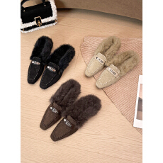 2025新尖头加绒毛毛棉拖鞋女鞋子外穿秋冬皮带扣一脚蹬包头半拖鞋