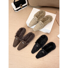 平跟尖头加绒毛毛棉拖鞋女鞋子外穿秋冬季新皮带扣一脚蹬包头半拖