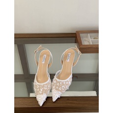 批发2026尖头网纱蕾丝高跟鞋细跟包头白色花朵宴会鞋现货35-40