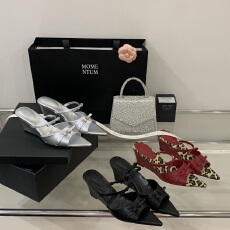 批发尖头凉鞋女2025春夏新款性感浅口复古红色坡跟高跟鞋