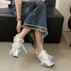 批发网纱拼皮<b class='q'>夏</b>新款方头阿甘鞋女真皮圆头百搭系带舒适复古休闲德训鞋