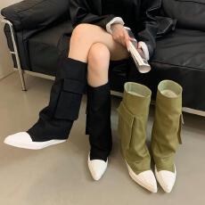 批发2025秋冬新款尖头方跟粗低跟堆堆靴女朋克骑士靴炸街辣妹长筒靴女