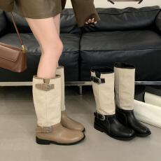 批发小众设计马术靴复古中筒靴金属扣圆头高筒骑士靴2025<b class='q'>夏</b>两穿堆堆靴