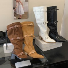 批发尖头大筒围堆堆靴小众设计复古西部牛仔靴粗跟辣妹时髦感长筒靴女