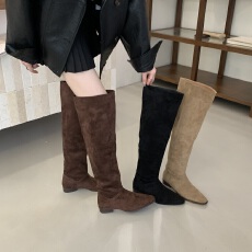 批发大筒围靴子女新款宽筒粗腿长筒靴欧美平底堆堆靴直筒靴绒面高筒靴