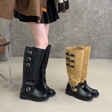批发韩国复古美拉德皮带扣拼色长靴女大筒围平底粗跟骑士靴堆堆靴
