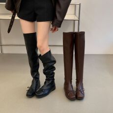 方头过膝蝴蝶结芭蕾靴2025秋冬新款平底长筒弹力瘦瘦靴