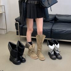 小众设计靴口可翻折复古绑带马丁靴2025秋冬新款拼接大筒围长筒靴