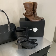 西部短靴女显瘦粗跟黑色尖头褶皱骑士堆堆靴复古短筒机车马丁靴子