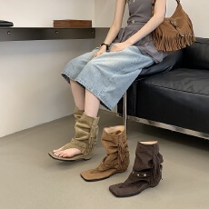 批发复古流苏凉靴女2026年夏新款<b class='q'>欧美</b>风短筒堆堆靴露趾凉鞋
