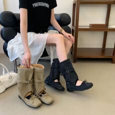 2026夏季韩版波禧风小众芭蕾舞鞋设计蝴蝶结方头运动底凉靴