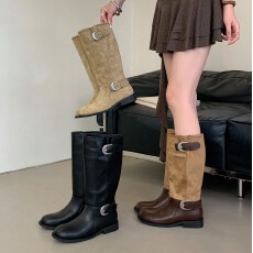 批发网红同款拼色褶皱堆堆靴女长筒美拉德高筒靴大筒围西部牛仔骑士靴