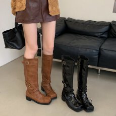 批发个性款2026韩国小众设计芭蕾方头粗跟高筒骑士靴女不过膝时装长靴