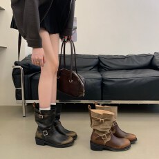 批发2026秋新款复古皮带扣粗跟堆堆靴女短筒显瘦百搭骑士靴女靴