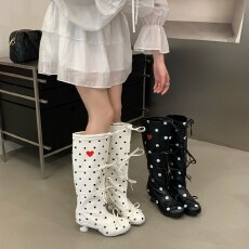 批发<b class='q'>欧美</b>波点蝴蝶结绑带长靴女秋季芭蕾风真皮高筒时装靴酒杯跟裤管靴