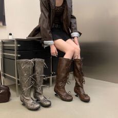 批发复古灰色蝴蝶结高筒长靴女外穿2026年设计感小众不过膝芭蕾时装靴