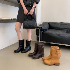 批发复古皮带扣中筒马丁靴女<b class='q'>夏</b>季薄款粗跟时装靴显瘦百搭骑士短靴子潮