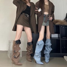 牛仔褶皱堆堆靴女两穿长筒靴高筒靴新款辣妹细跟尖头高跟骑士靴子