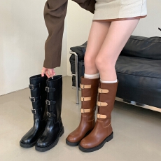 批发时尚小众设计复古厚底马丁靴女2026秋新款皮带扣高筒骑士靴中筒靴