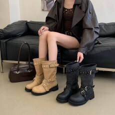 批发西部牛仔靴女2026新款<b class='q'>夏</b>季卡其色复古皮带扣粗跟中筒靴子堆堆短靴