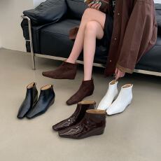 批发韩版法式方头短靴女秋冬季百搭内增高瘦瘦靴切尔西踝靴真皮瘦瘦靴