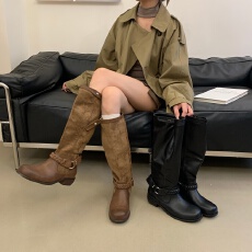 欧美风皮带扣堆堆靴女冬季圆头长靴显瘦骑士靴编织直筒靴真皮靴子