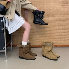 韩版新款复古卡其色绒面短靴女皮带扣堆堆靴显瘦时尚褶皱裤管靴子
