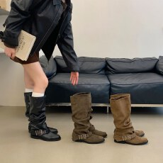 西部牛仔靴女2026新款夏季靴子复古美拉德皮带扣粗跟褶皱堆堆靴