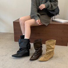批发复古尖头蝴蝶结堆堆靴女2026秋新款百搭小个子显瘦内增高坡跟短靴
