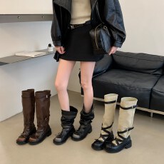 小众厚底绑带骑士靴2026秋季新款复古擦色堆堆靴女辣妹显瘦长筒靴
