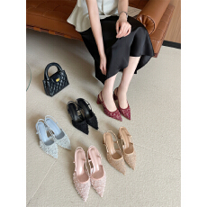 批发2026年新款蕾丝串珠淑女高跟鞋粗跟尖头女鞋