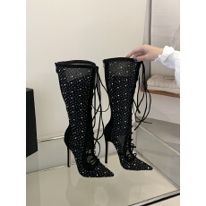 批发2026 新款 黑色尖头蕾丝烫钻系带高跟靴
