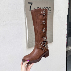 批发洋气长靴硬筒粗腿长筒靴宽筒骑士靴厚底miu靴子黑色机车靴女夏季