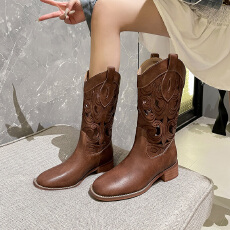批发镂空西部牛仔靴女2025夏季新款短靴棕色长筒骑士靴高筒马丁靴
