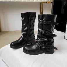 批发厚底裤管靴复古骑士靴女2025秋冬新款百搭皮带扣显瘦黑色堆堆靴