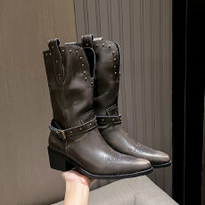 批发美拉德粗跟西部牛仔靴女2025秋冬擦色铆钉骑士靴废土风高跟马丁靴