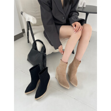 批发短靴子磨砂皮冬季新款侧拉链坡跟马丁靴2025年时尚高跟草编女鞋