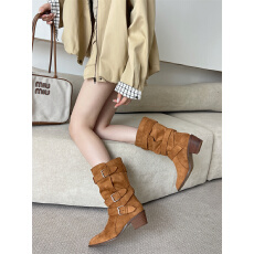 批发牛皮版复古西部牛仔靴女2025新款皮带扣中筒靴粗跟百搭翻折骑士靴