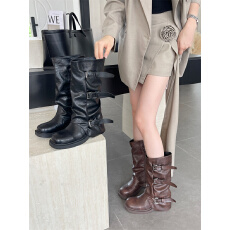批发牛皮版皱褶堆堆靴子女秋季新款棕色辣妹时髦裤管靴厚底堆叠中筒靴