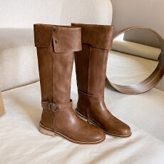 批发牛皮版~欧洲站棕色高筒骑士靴女粗跟折边显瘦长筒西部女靴子