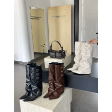 批发西部牛仔靴褶皱堆堆长筒骑士靴女朋克风尖头裤管靴皮带扣长靴