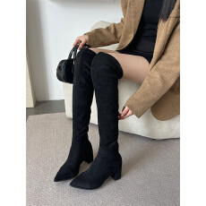 批发2025小香风尖头粗跟过膝长靴女保暖尖头高跟瘦瘦靴女