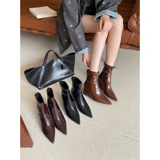 批发坡跟高跟短靴2025新款秋冬尖头弹力瘦瘦靴子黑色复古百搭马丁靴女