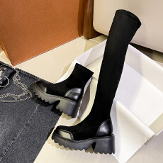 批发松糕底过膝长靴女小个子增高长筒靴厚底绒面弹力靴超高筒骑士靴瘦