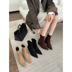 批发羊皮版~复古绒面尖头短靴女坡跟弹力瘦瘦靴法式气质厚底马丁靴