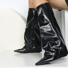 坡跟裤筒靴高跟靴子长靴女欧美辣妹高筒靴尖头黑色漆皮裤管靴炸街