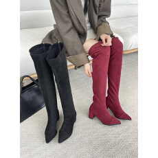 批发2025新款靴子女秋季高筒靴高跟冬季尖头过膝长靴弹力靴长筒靴显瘦